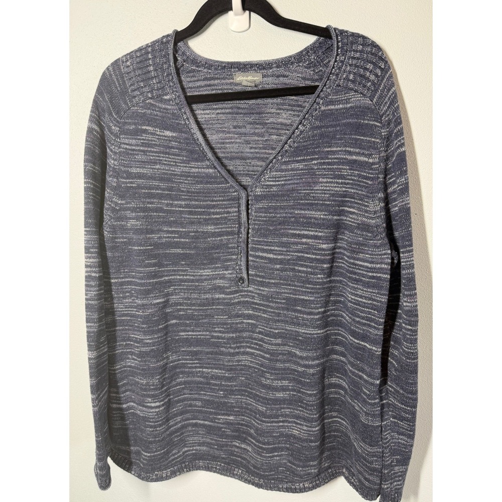 Eddie Bauer Sweater 2X Tall Blue V-Neck Henley Space Dye Knit Casual Layering